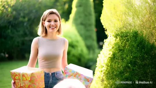 Young Woman Delivers Gifts to Elderly Woman in Sunlit Garden – AI Generated Video | Hailuo AI