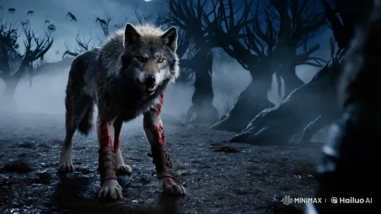 Fierce Wolf Stands Amidst War-Torn Moonlit Valley – AI Generated Video | Hailuo AI