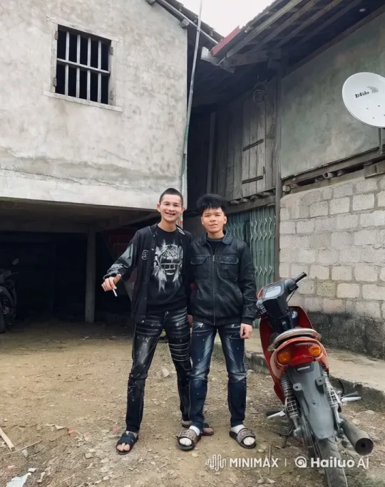 Two Men in Casual Attire Chatting Outside Rustic Building – AI Generated Video | Hailuo AI