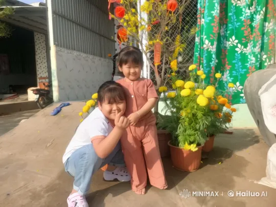 Joyful Children in a Sunlit Courtyard with Marigolds – AI Generated Video | Hailuo AI
