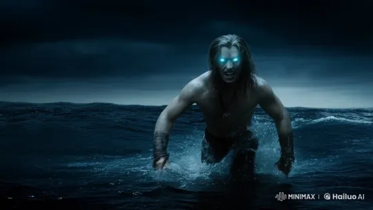 Man Commands Megalodon Amidst Stormy Seas – AI Generated Video | Hailuo AI