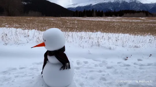 Snowman at Field's Edge with Mountain Background – AI Generated Video | Hailuo AI