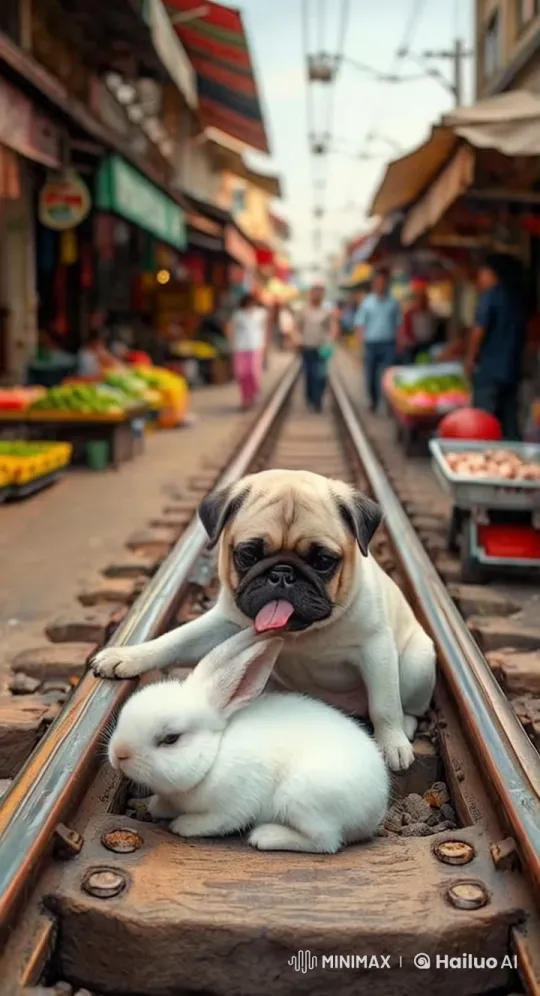 Pug and Rabbit on Vibrant Train Track Market Scene – AI Generated Video | Hailuo AI