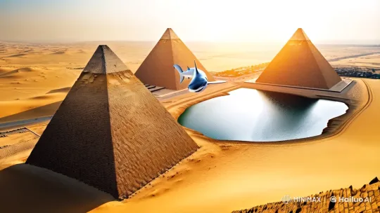 Shark Glides Over Egyptian Pyramids in Surreal Cinematic Scene – AI Generated Video | Hailuo AI