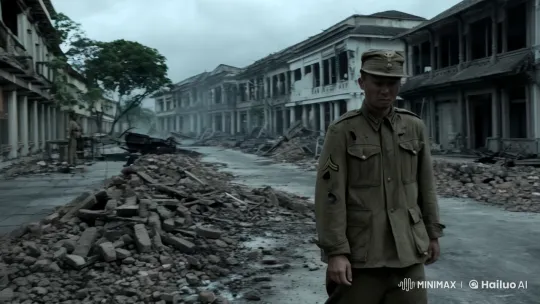 Defeated Soldier Walks Through Post-War Singapore's Ruins – AI Generated Video | Hailuo AI