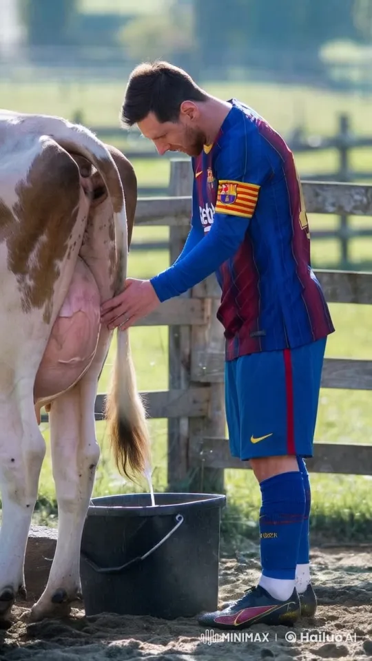 Lionel Messi Milks Cow in Barcelona Uniform – AI Generated Video | Hailuo AI