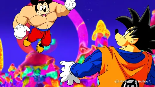 Mickey Mouse Executing a Drop Kick on Goku – AI Generated Video | Hailuo AI