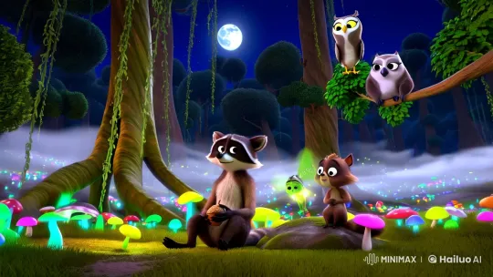 Magical Forest Gathering: Pixar-Style Night Scene – AI Generated Video | Hailuo AI