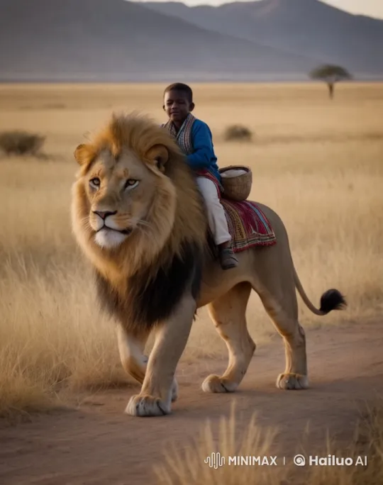 Boy Rides Lion Through Golden Savanna in Live2D Short – AI Generated Video | Hailuo AI