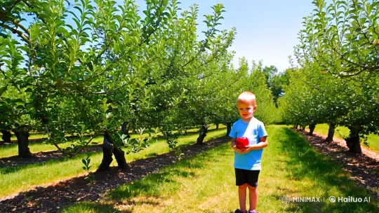 Child in Apple Orchard Amidst Dawn's Radiance – AI Generated Video | Hailuo AI