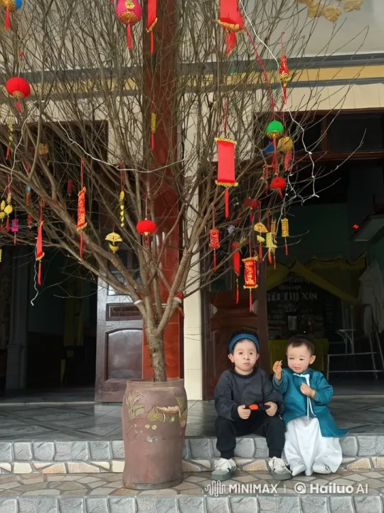 Kung Fu Kids Play Fight in Festive Decorated Yard – AI Generated Video | Hailuo AI