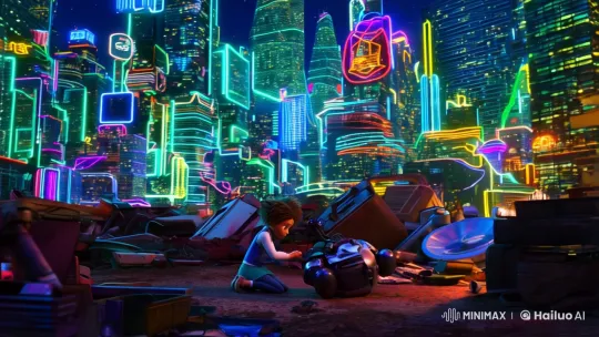 Mia Repairs Sentient Robot Zeta in Futuristic Scrapyard – AI Generated Video | Hailuo AI