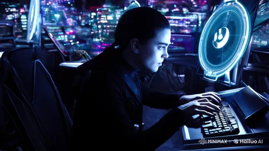 Mysterious Hacker Manipulates Futuristic Tech in Dark Aesthetic Clip – AI Generated Video | Hailuo AI