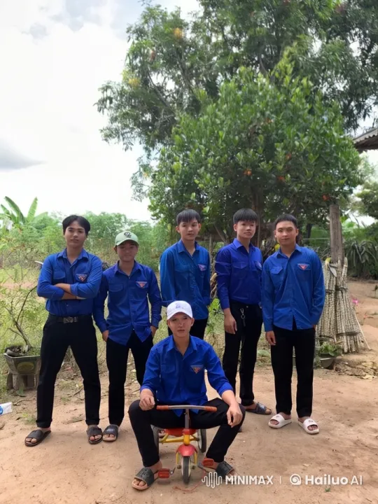 Six Men in Blue Shirts Pose for Group Photo – AI Generated Video | Hailuo AI