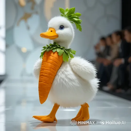 Fluffy Duck Struts Runway in Carrot Collar Fashion Show – AI Generated Video | Hailuo AI