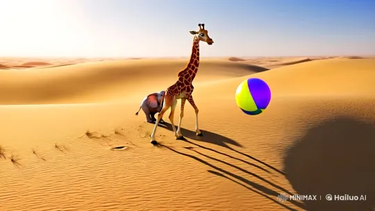 Giraffe and Elephant Play with Beach Ball in Desert – AI Generated Video | Hailuo AI