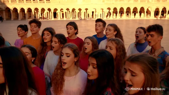 Youthful Voices Rise in Harmony in Zamora's Sunlit Plaza – AI Generated Video | Hailuo AI