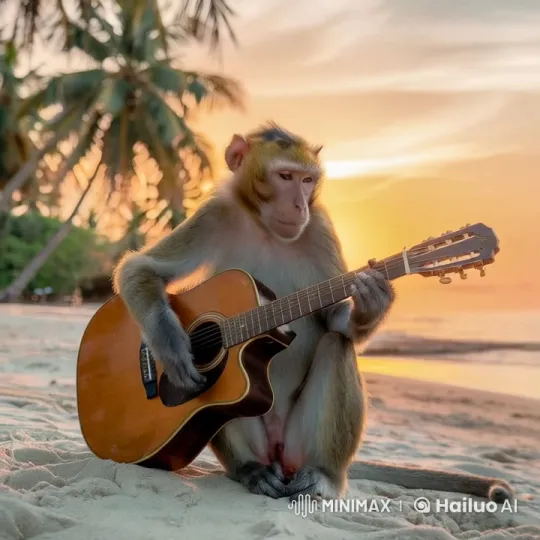 Monkey Playing Guitar on a Tranquil Beach at Sunset – AI Generated Video | Hailuo AI