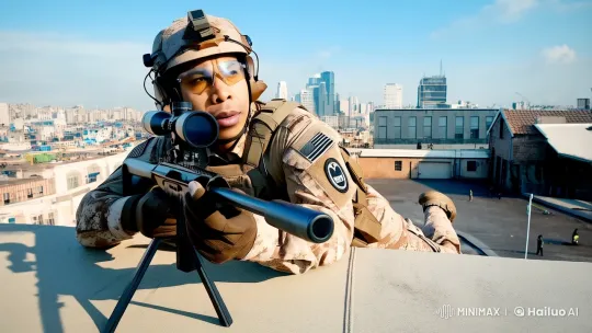 Urban Sniper Preparing for Precision Shot – AI Generated Video | Hailuo AI