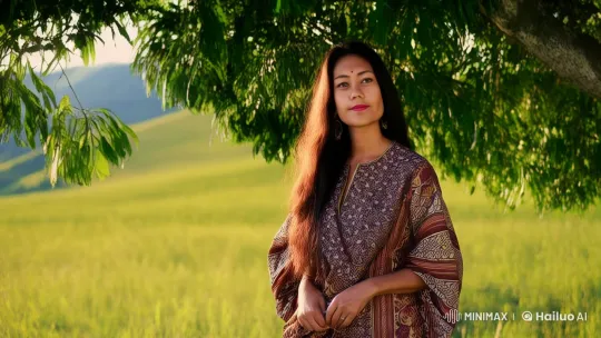 Culturally Clad Woman in Serene Countryside – AI Generated Video | Hailuo AI