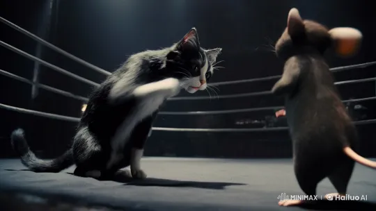 Surreal Boxing Match: Cat vs. Mouse in Dramatic Light – AI Generated Video | Hailuo AI