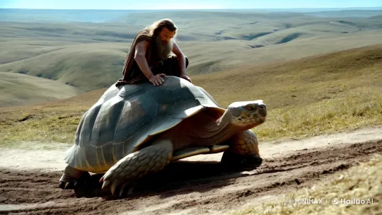 Man Builds Road on Majestic Turtle in Serene Landscape – AI Generated Video | Hailuo AI