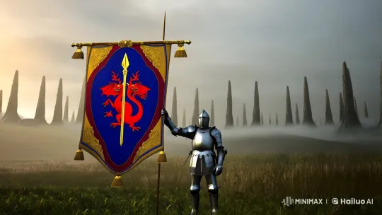 Medieval Knight with Symbolic Flag in Misty Landscape – AI Generated Video | Hailuo AI