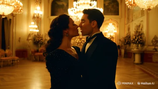 Elegant Couple's Passionate Kiss in Opulent Ballroom – AI Generated Video | Hailuo AI