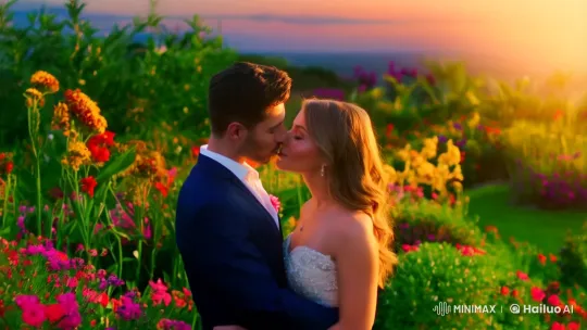 Intimate Lovers' Kiss in Enchanted Garden at Dusk – AI Generated Video | Hailuo AI