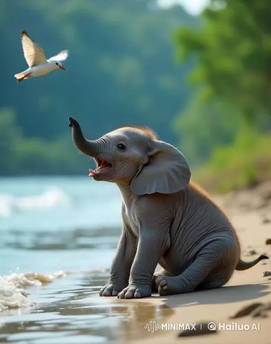 Joyful Baby Elephant and Playful Bird Interact – AI Generated Video | Hailuo AI