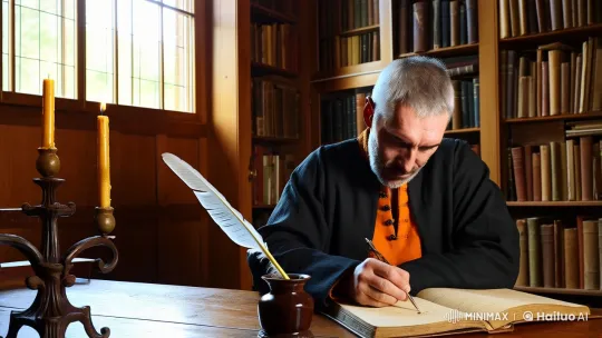 Man Writes in Journal in Rustic, Scholarly Room – AI Generated Video | Hailuo AI