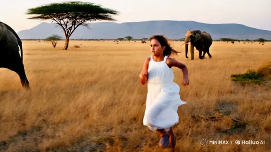 Girl in White Dress Flees Majestic Elephants in Savannah – AI Generated Video | Hailuo AI