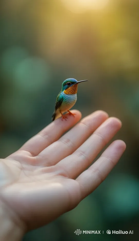 Hummingbird Perched on Hand in Serene Light – AI Generated Video | Hailuo AI