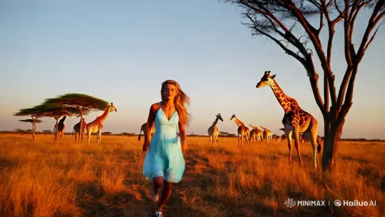 Young Woman Gracefully Runs Across Savannah Amidst Giraffes – AI Generated Video | Hailuo AI
