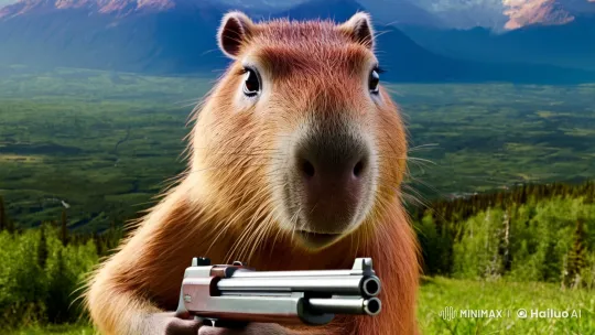 Capybara with Gun in Surreal Canadian Landscape – AI Generated Video | Hailuo AI