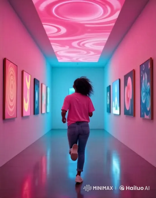 Woman Jogs Through Futuristic Art Gallery Corridor – AI Generated Video | Hailuo AI