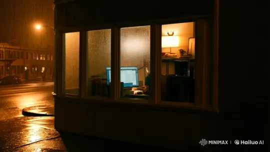 Mysterious Night: Woman Focused on Computer in Rainy Ambiance – AI Generated Video | Hailuo AI
