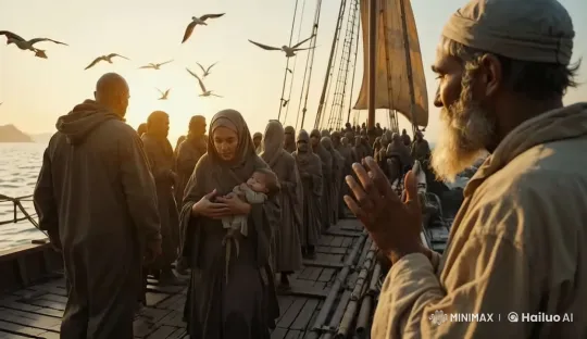Cloaked Figures on Sailing Ship Under Golden Sunset – AI Generated Video | Hailuo AI