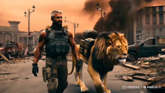 Post-Apocalyptic Warrior and Armored Lion's Survival Journey – AI Generated Video | Hailuo AI