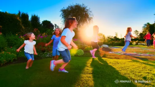 Children's Joyful Play in a Sunlit Garden – AI Generated Video | Hailuo AI