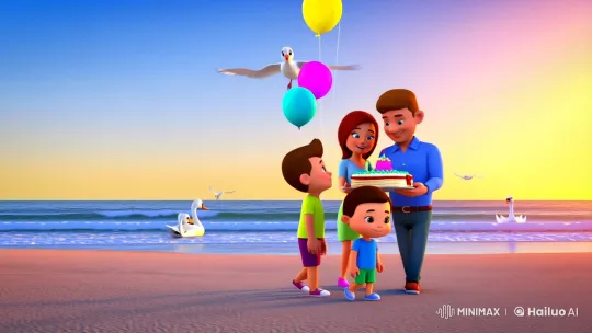 Family Celebrates Birthday at Serene Beach Sunrise – AI Generated Video | Hailuo AI