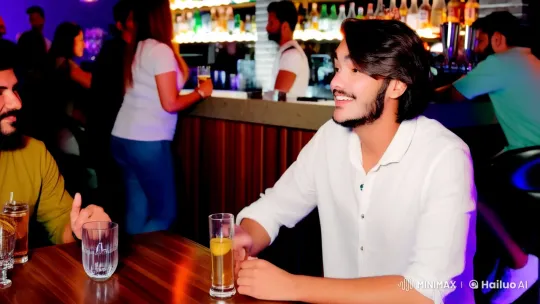 Young Man Enlivens Bar with Animated Storytelling – AI Generated Video | Hailuo AI
