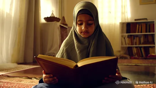 Young Girl Immersed in Reading Quran – AI Generated Video | Hailuo AI