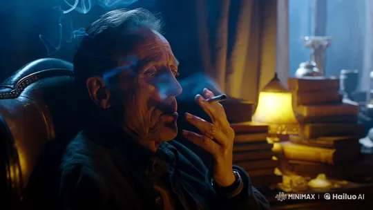 Man in Leather Chair: A Study in Smoke and Light – AI Generated Video | Hailuo AI