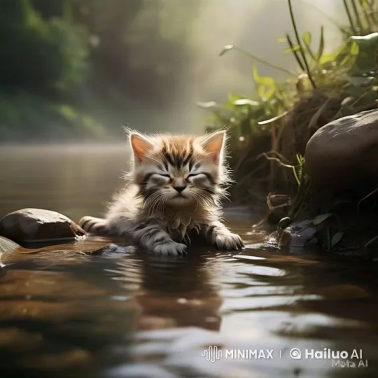 Sleepy Kitten Rests in Peaceful Stream – AI Generated Video | Hailuo AI