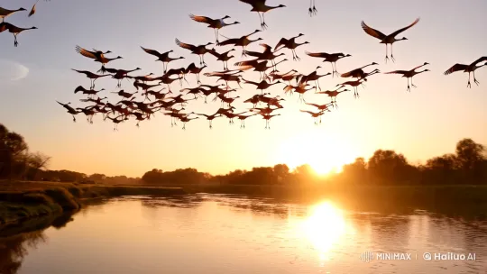 Cranes Ascend in Golden Sunset Over Tranquil River – AI Generated Video | Hailuo AI