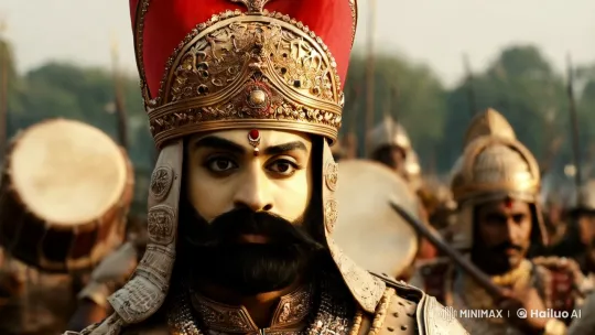 Dramatic Close-Up of Chhatrapati Sambhaji Maharaj in War Setting – AI Generated Video | Hailuo AI