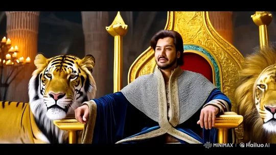 Regal Ruler with Lion and Tiger in Majestic Hall – AI Generated Video | Hailuo AI