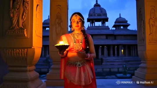 Radha's Divine Procession Through the Temple's Glow – AI Generated Video | Hailuo AI