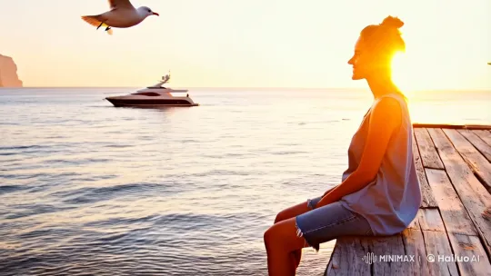 Seaside Serenity: A Young Woman on a Tranquil Dock – AI Generated Video | Hailuo AI